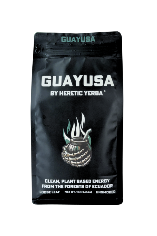 Black Guayusa by Heretic Yerba packaging with branding and product description.